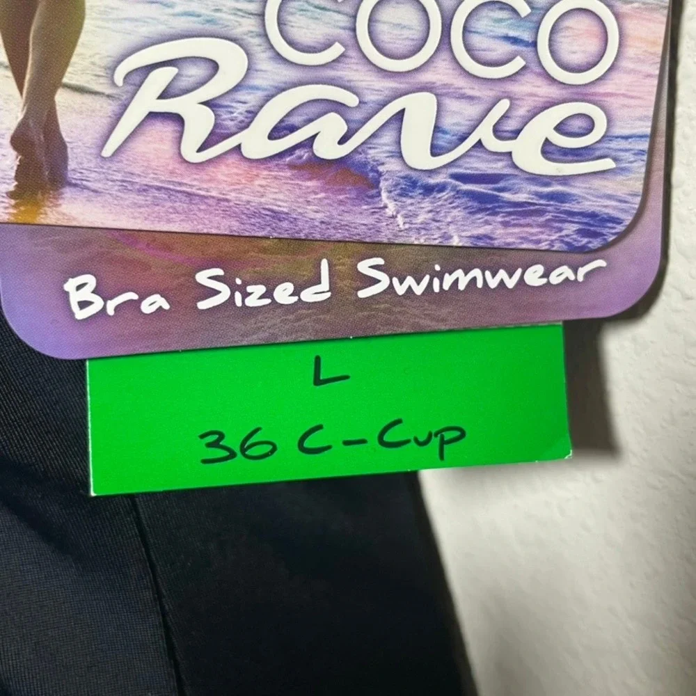 NWT Coco Rave Fringe One Piece Swimsuit Women L 36C  Black Halter Tassel Boho